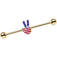 将图片加载到图库查看器，Gold Anodized Red White Blue Hand Peace Sign Industrial Barbell 38mm
