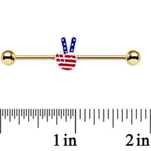 将图片加载到图库查看器，Gold Anodized Red White Blue Hand Peace Sign Industrial Barbell 38mm

