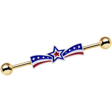 Load image into Gallery viewer, Gold Anodized Red White and Blue Ribbon Star Industrial Barbell 38mm
