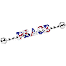 Load image into Gallery viewer, 14G Red White and Blue Text Peace Industrial Barbell 38mm
