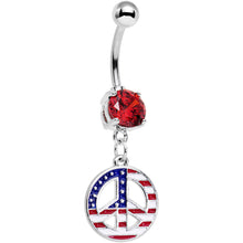 Load image into Gallery viewer, Red Gem American Flag Print Peace Sign Dangle Belly Ring

