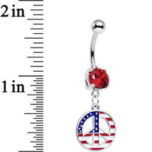 Load image into Gallery viewer, Red Gem American Flag Print Peace Sign Dangle Belly Ring
