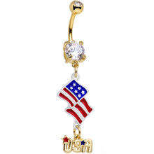 Load image into Gallery viewer, Clear CZ Gem Gold Anodized American Flag USA Dangle Belly Ring
