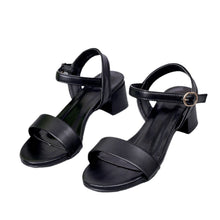 将图片加载到图库查看器，Women Genuine Leather Sandals Low Heel Buckle Strap Ladies Open Toe Black Decoration Summer Leather Open Toe And Ankle Strap Buckle Flat Sandals Casual Beach Shoes
