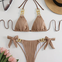 Load image into Gallery viewer, Bikini Ruched Texture Golden Chain 2 Piece Triangle Swimsuit for Women – Striped Halter Bikini Set with Bow Tie Side and Elegant Ring Link Detail – Stretchy Beachwear for Pool Bathing and Summer Vacations
