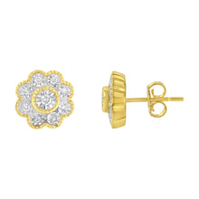 将图片加载到图库查看器，14K Yellow Gold Plated .925 Sterling Silver 1/6 Cttw Miracle-Plate Set Diamond Floral Stud Earrings (I-J Color, I2-I3 Clarity)
