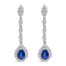 Load image into Gallery viewer, 18K White Gold 1 3/5 Cttw Diamond and 7X5 MM Pear Shaped Blue Sapphire 1 1/3 Inch Drop and Dangle Halo Earrings (G-H Color, VS1-VS2 Clarity)
