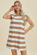 将图片加载到图库查看器，Full Size Striped Round Neck Cap Sleeve Mini Dress For Women – Striped Mini Dress, Full-Size Round Neck Dress, Comfortable Cap Sleeve Dress, Chic Striped Dress, Flattering Mini Dress, Casual Everyday Dress, Versatile Striped Dress
