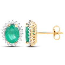 Load image into Gallery viewer, 2.66 Carat Genuine Zambian Emerald and White Diamond 14K Yellow Gold Earrings
