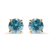 Load image into Gallery viewer, 14K Yellow Gold 1.0 Cttw Treated Aqua Blue Diamond Classic Solitaire Stud Earrings (Aqua Blue Color, I2-I3 Clarity)

