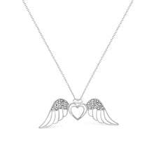 将图片加载到图库查看器，.925 Sterling Silver Pave-Set Diamond Accent Angel Wing 18" Double Heart Pendant Necklace (I-J Color, I1-I2 Clarity)
