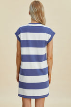 将图片加载到图库查看器，Full Size Striped Round Neck Cap Sleeve Mini Dress For Women – Striped Mini Dress, Full-Size Round Neck Dress, Comfortable Cap Sleeve Dress, Chic Striped Dress, Flattering Mini Dress, Casual Everyday Dress, Versatile Striped Dress
