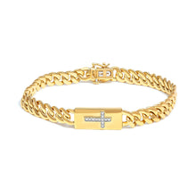 Load image into Gallery viewer, 14K Yellow Gold Plated .925 Sterling Silver Diamond Accent Inlaid Cross Cuban Link Bracelet (I-J Color, I3 Clarity)-  7.25"
