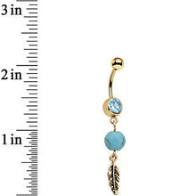 Load image into Gallery viewer, Faux Turquoise Gold Anodized Freedom Feather Dangle Belly Ring
