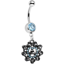 Load image into Gallery viewer, Aqua Gem Rose Ring Flower Heart Dangle Belly Ring
