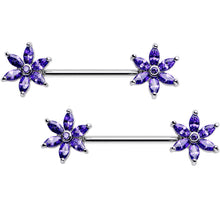Load image into Gallery viewer, 14G 5/8 Purple CZ Pimpernel Flower Ends Nipple Barbell Set
