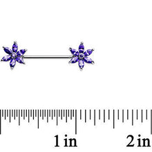 Load image into Gallery viewer, 14G 5/8 Purple CZ Pimpernel Flower Ends Nipple Barbell Set
