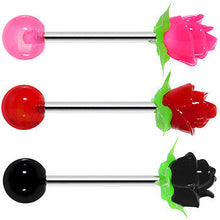 Load image into Gallery viewer, Pink Red Black Romantic Rose Flower Steel Barbell Tongue Ring 3 Pack Set
