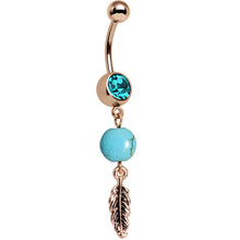 Load image into Gallery viewer, Aqua Gem Rose Gold Anodized Faux Turquoise Feather Dangle Belly Ring
