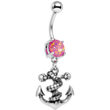 Load image into Gallery viewer, Pink Faux Opal Pirate Skull Nautical Anchor Dangle Belly Ring
