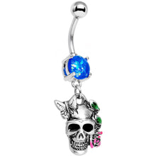 Load image into Gallery viewer, Blue Faux Opal Beautiful Butterfly Rose Flower Skull Dangle Belly Ring
