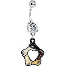 Load image into Gallery viewer, Clear Gem Coexist No Boundaries Linking Arms Heart Dangle Belly Ring
