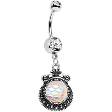 Load image into Gallery viewer, Clear Gem Iridescent White Mermaid Scales Dangle Belly Ring
