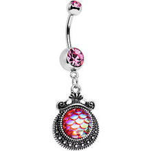 Load image into Gallery viewer, Pink Gem Iridescent Purple Mermaid Scales Dangle Belly Ring
