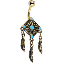 将图片加载到图库查看器，Faux Turquoise Gold Anodized Aztec Feather Dangle Belly Ring
