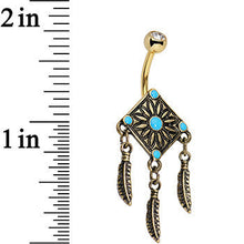 将图片加载到图库查看器，Faux Turquoise Gold Anodized Aztec Feather Dangle Belly Ring
