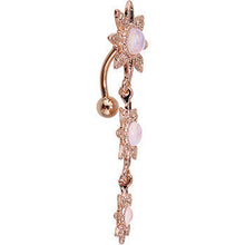 Load image into Gallery viewer, White Faux Opal Rose Gold Plated Flower Top Mount Dangle Belly Ring
