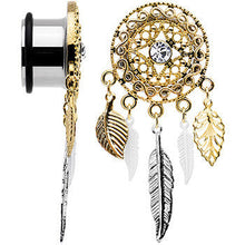将图片加载到图库查看器，5/8 Clear Gem Ornate Gold Disc Leaf Feather Dangle Plug Set
