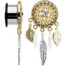 Load image into Gallery viewer, 18mm Clear Gem Ornate Gold Disc Leaf Feather Dangle Plug Set
