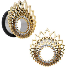 Load image into Gallery viewer, 18mm Clear Gem Golden Gala Feather Single Flare Tunnel Plug Set
