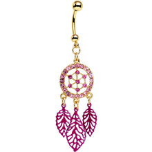 Load image into Gallery viewer, Pink Gem Gold Anodized Steel Dream Leaf Dangle Belly Ring
