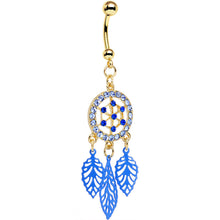 Load image into Gallery viewer, Blue Gem Gold Anodized Steel Dream Leaf Dangle Belly Ring
