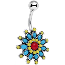 Load image into Gallery viewer, Red Blue Faux Turquoise Southwestern Power Flower Belly Ring
