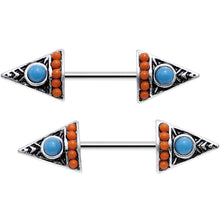 Load image into Gallery viewer, 14G 9/16 Blue and Orange Artistic Deco Arrowhead Nipple Ring Set
