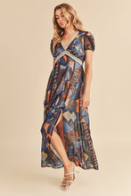将图片加载到图库查看器，Lace Detail Slit Geometric Print Short Sleeve Comfortable Maxi Dress For Women, Elegant Lace, Alluring Slit, Sophisticated Geometric Print for Casual &amp; Dressy Occasions
