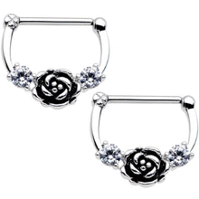Load image into Gallery viewer, 14G 9/16 Clear Gem Kissed Rose Flower Nipple Clicker Set
