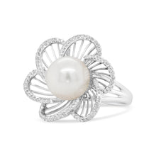 Load image into Gallery viewer, 14K White Gold 11mm Round Pearl and 1/3 Cttw Round Diamond Openwork Flower Blossom Ring (H-I Color, VS1-VS2 Clarity) - Size 6.50
