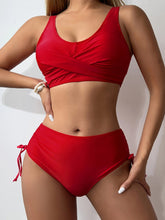 Load image into Gallery viewer, Bikini Twist Front V Neck High Waist 2 Piece Bikini Set for Women – Stretchy Tie Back Swimsuit with Drawstring Lace Up and Comfortable Fit – Trendy Solid Color Swimwear for Beach Days Pool Parties and Summer Vacations
