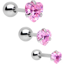 Load image into Gallery viewer, 16G 5/16 Pink Gem Heart Trio Tragus Cartilage Earring Set of 3
