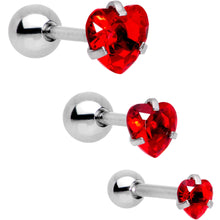 Load image into Gallery viewer, 16G 5/16 Red Gem Heart Trio Tragus Cartilage Earring Set of 3
