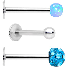 Load image into Gallery viewer, 16G 3/8 Aqua Faux Opal Ball Labret Monroe Tragus 3 Pack Set
