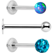 Load image into Gallery viewer, 16G 3/8 Teal Faux Opal Ball Labret Monroe Tragus 3 Pack Set
