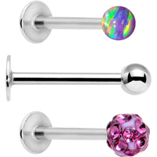 Load image into Gallery viewer, 16G 3/8 Purple Faux Opal Ball Labret Monroe Tragus 3 Pack Set
