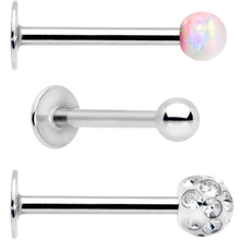 Load image into Gallery viewer, 16G 3/8 White Faux Opal Ball Labret Monroe Tragus 3 Pack Set
