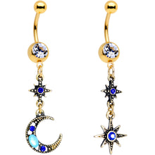 Load image into Gallery viewer, Blue Gem Gold PVD Blue Celestial Moon Star Dangle Belly Ring Set of 2
