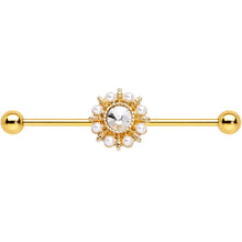Load image into Gallery viewer, Clear Gem White Orb Gold PVD Sun Wheel Industrial Barbell 38mm
